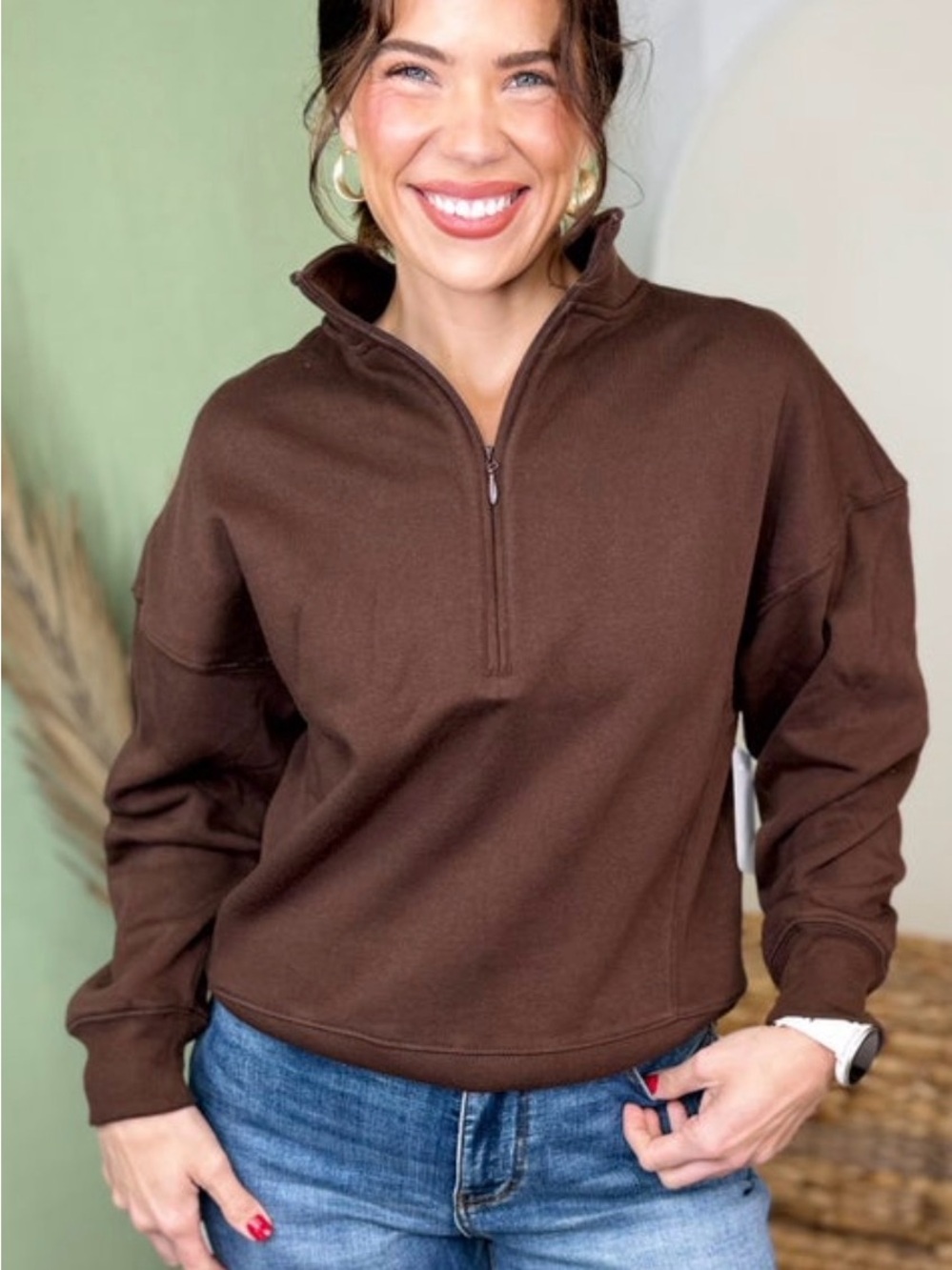 Zenana- Chocolate Brown Half-Zip Pullover